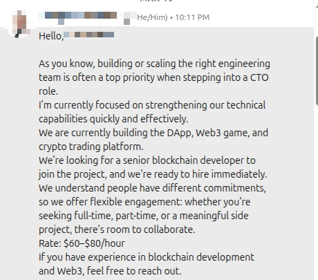 Redacted LinkedIn recruiter message offering a senior blockchain role