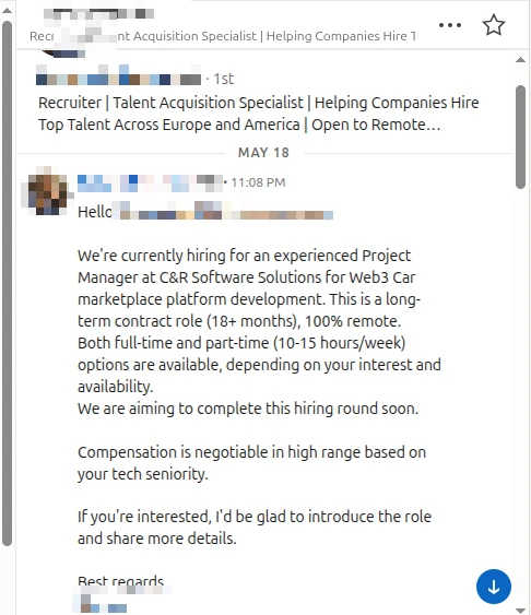 Redacted LinkedIn recruiter message about a Web3 project manager role