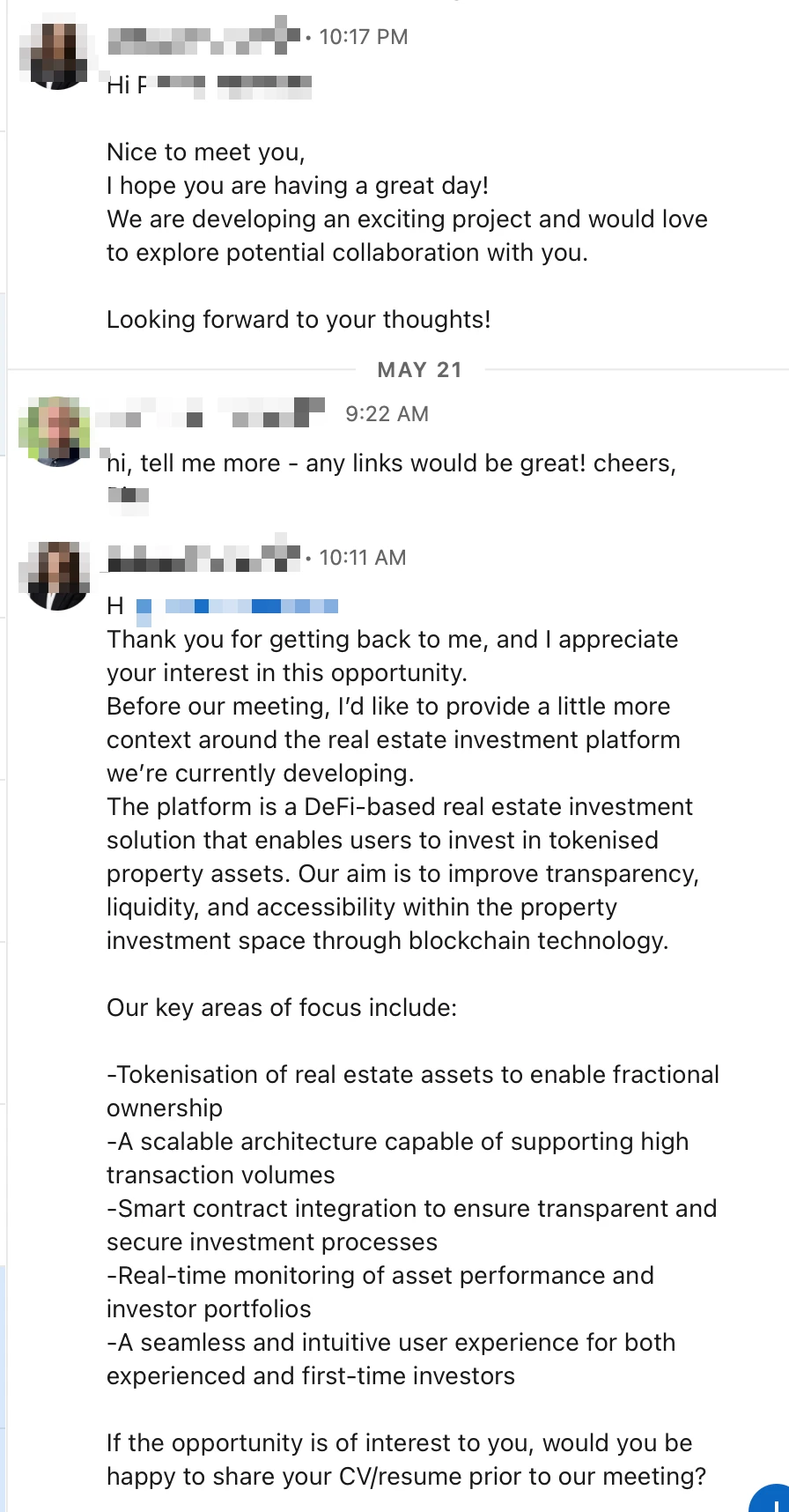 Redacted LinkedIn recruiter conversation about a DeFi real-estate platform