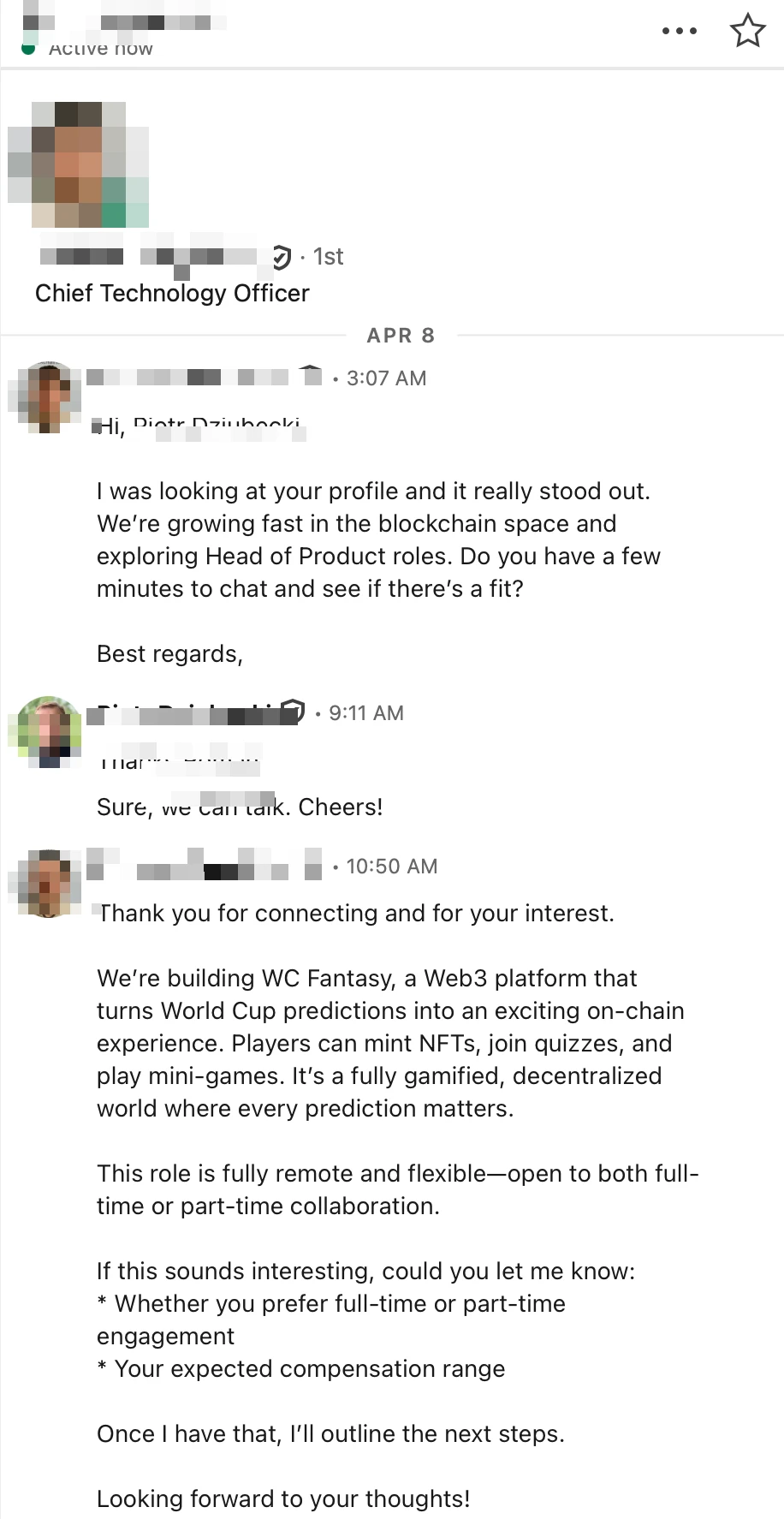 Redacted LinkedIn recruiter conversation about a Web3 fantasy platform